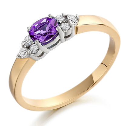 This Amethyst &amp; Diamond Trefoil Ring showcases a beautiful purple amethyst that adds a touch of regal elegance to any outfit. With its stunning colour and timeless design, it is the perfect way to add a pop of colour to your jewellery collection. Own a royal gem that exudes luxury and sophistication.