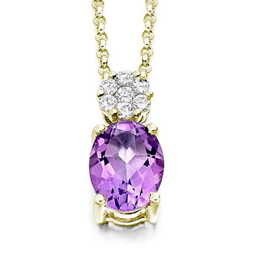 This stunning Amethyst Oval Pendant boasts a beautiful, bold and vibrant oval amethyst stone placed skilfully under a round diamond cluster.
