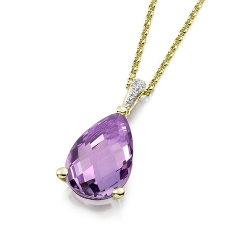 A pear-shaped amethyst gemstone pendant with a diamond bail.