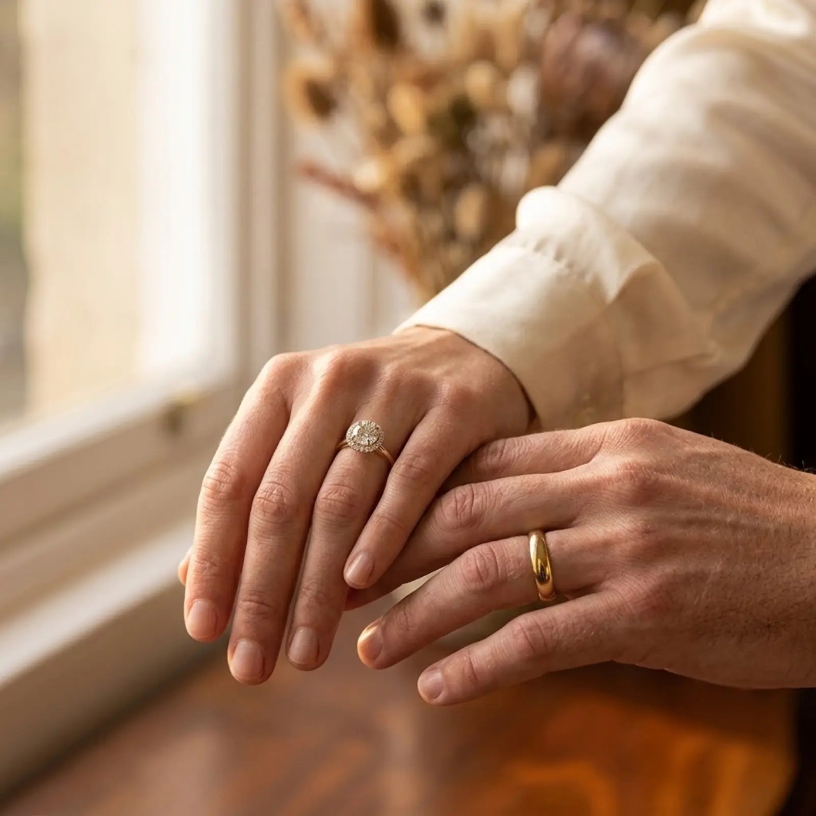 A close-up lifestyle shot of two hands resting together, with one hand wearing a silver-toned ring with a round clear gemstone and the other wearing a gold band. The person is wearing a cream-colored long-sleeve shirt, and a softly blurred window and dried floral arrangement are in the background.