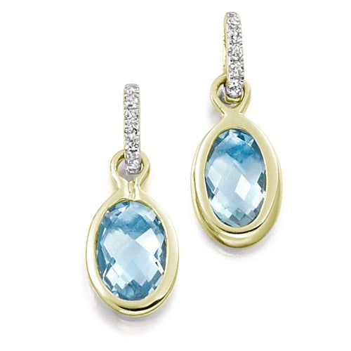 A pair of bezel set aquamarine and diamond drop earrings in yellow gold.