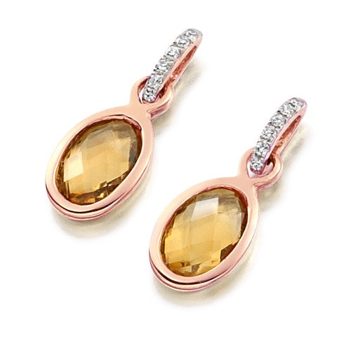 Bezel Set Citrine &amp; Diamond Drop Earrings in rose gold