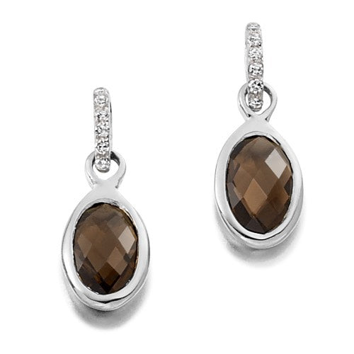 A pair of bezel set drop earrings featuring smoky quartz stones with diamond accents on the bails.