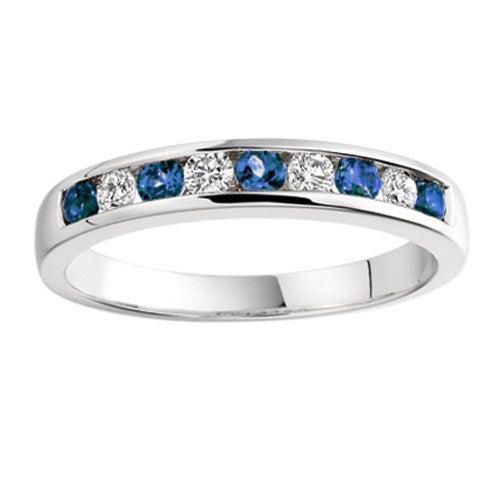 A channel set half eternity ring with alternating blue sapphire and diamonds.