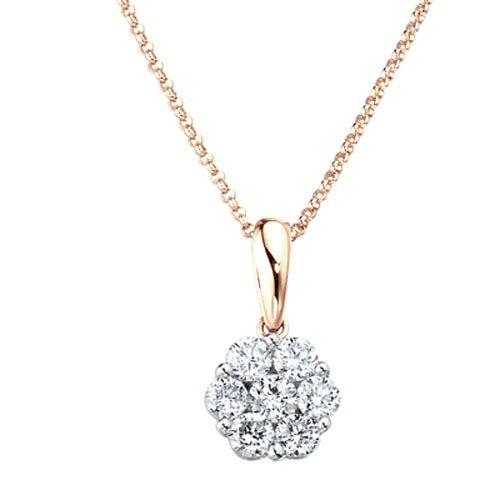 A radiant cluster pendant with a flower-like design, consisting of multiple stones set closely together, suspended from a chain.