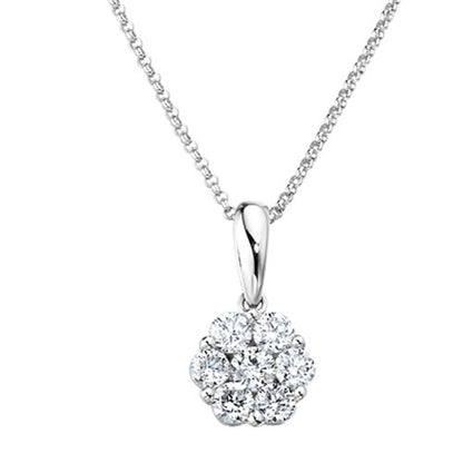 A radiant cluster pendant with a flower-like design, consisting of multiple stones set closely together, suspended from a chain.