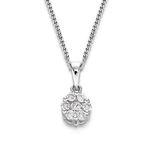 A cluster pendant necklace with multiple sparkling stones set in a circular design on a white gold chain.