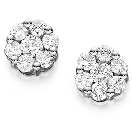 A pair of cluster stud earrings with multiple diamond stones arranged in a circular pattern, set in either platinum or white gold.