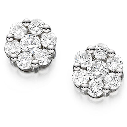 A pair of cluster stud earrings with multiple diamond stones arranged in a circular pattern, set in either platinum or white gold.