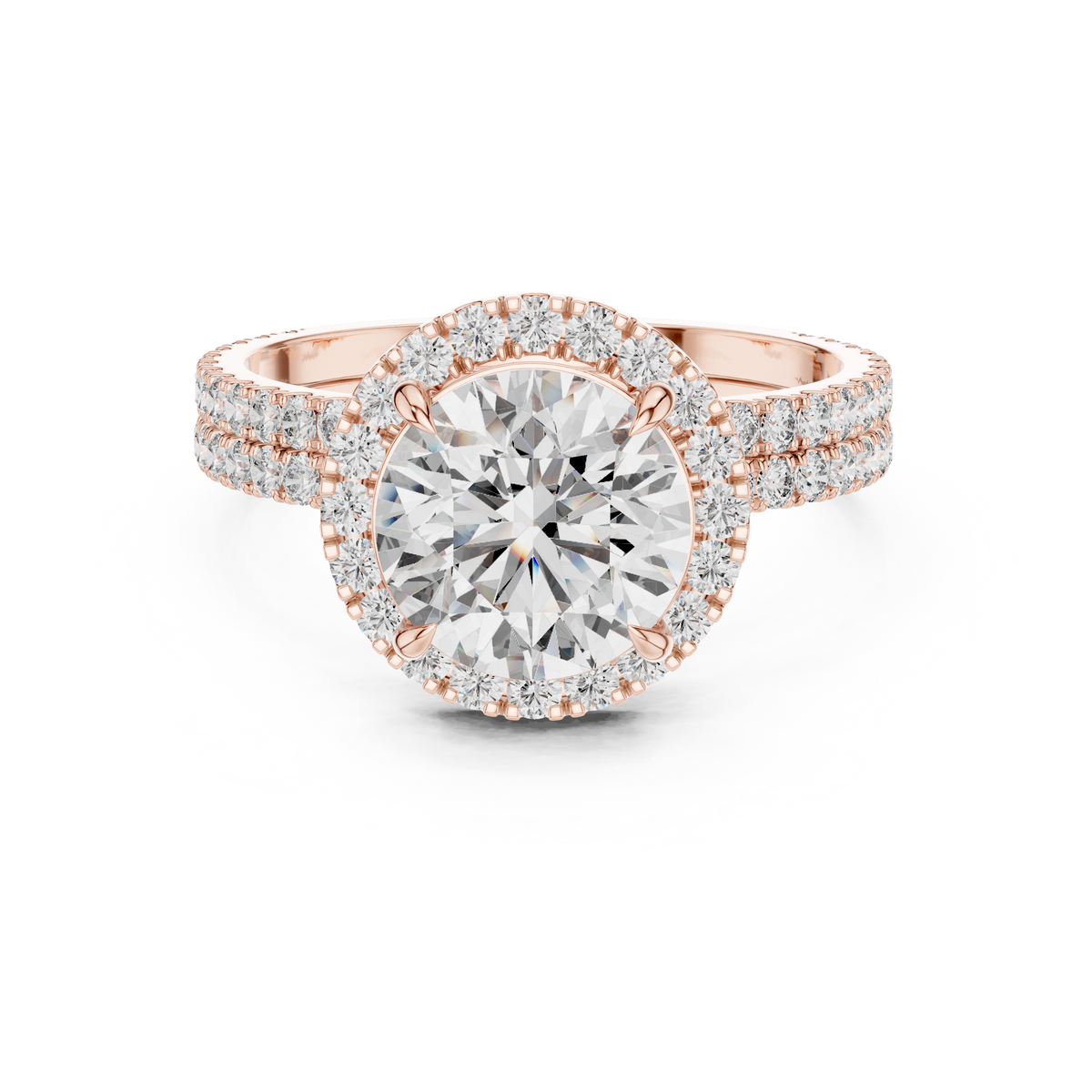 Modern Round Cut Eternity Halo Ring Rose Gold Perspective View