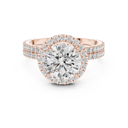Modern Round Cut Eternity Halo Ring Rose Gold Perspective View