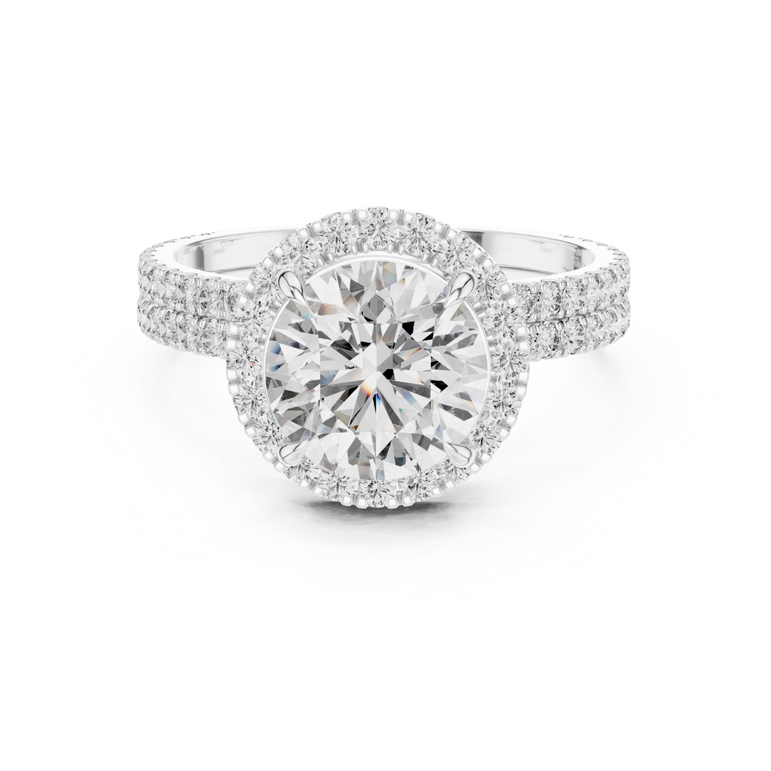 Modern Round Cut Eternity Halo Ring White Gold Platinum Perspective View