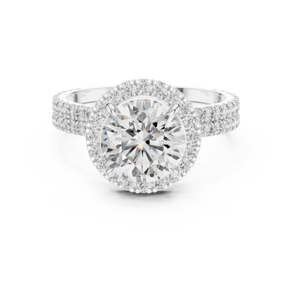Modern Round Cut Eternity Halo Ring White Gold Platinum Perspective View