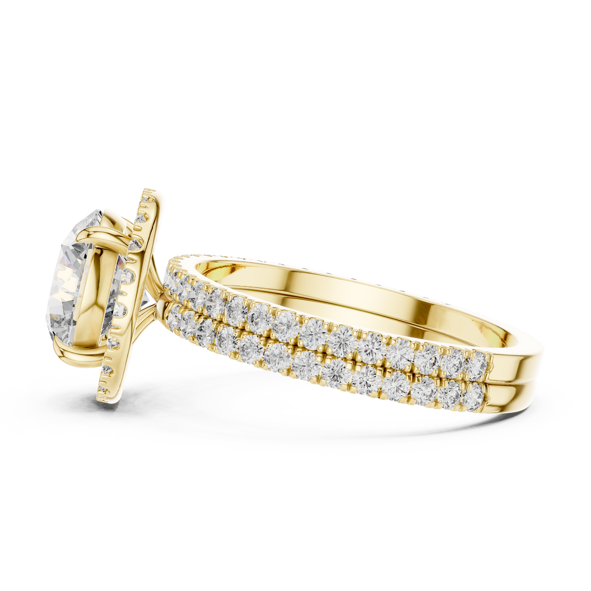 Modern Round Cut Eternity Halo Ring Yellow Gold Flat View