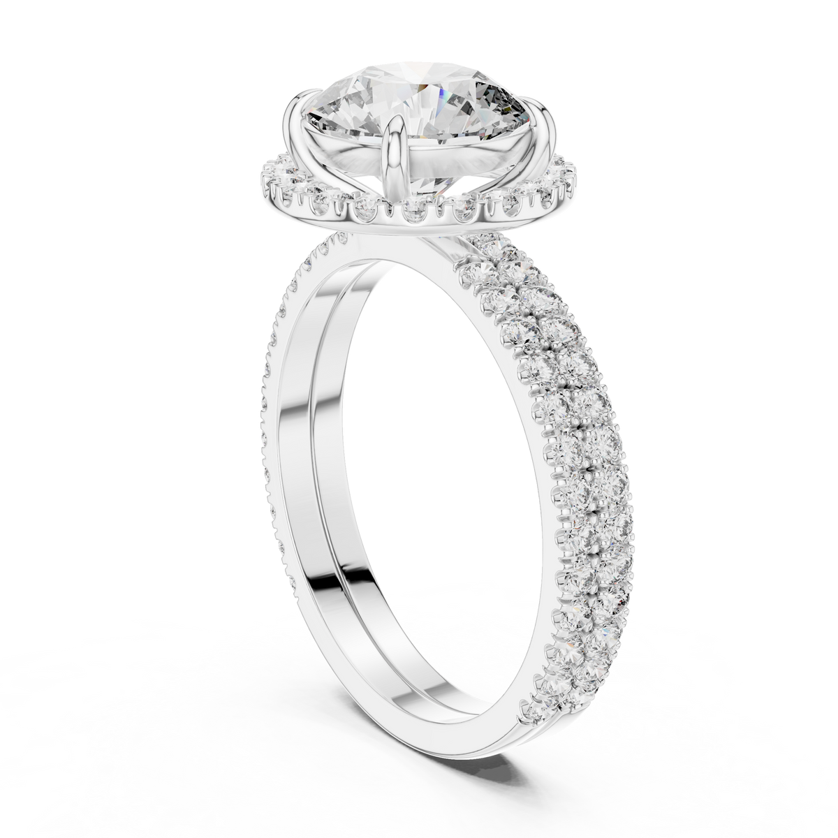 Modern Round Cut Eternity Halo Ring White Gold Platinum Side View