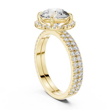 Modern Round Cut Eternity Halo Ring Yellow Gold Side View