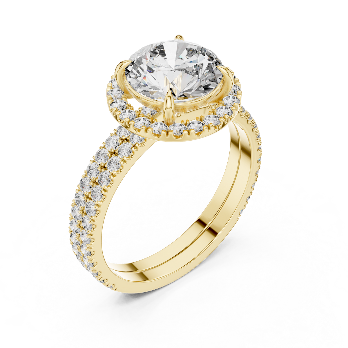 Modern Round Cut Eternity Halo Ring Yellow Gold Top View