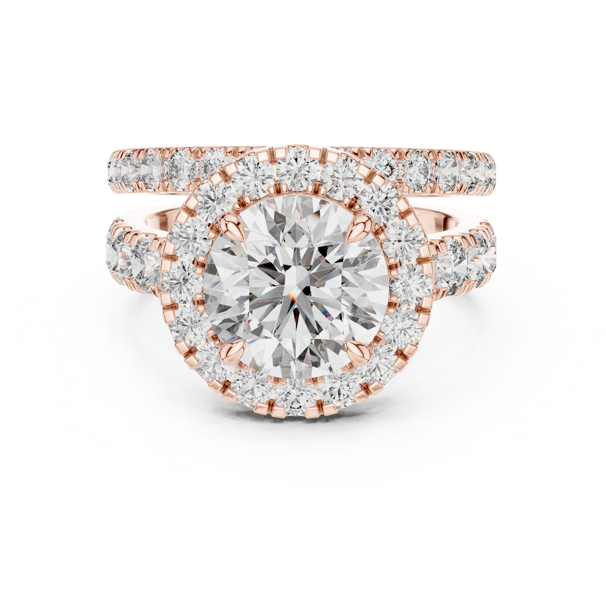 Modern Round Cut Split Eternity Halo Ring Rose Gold Perspective View