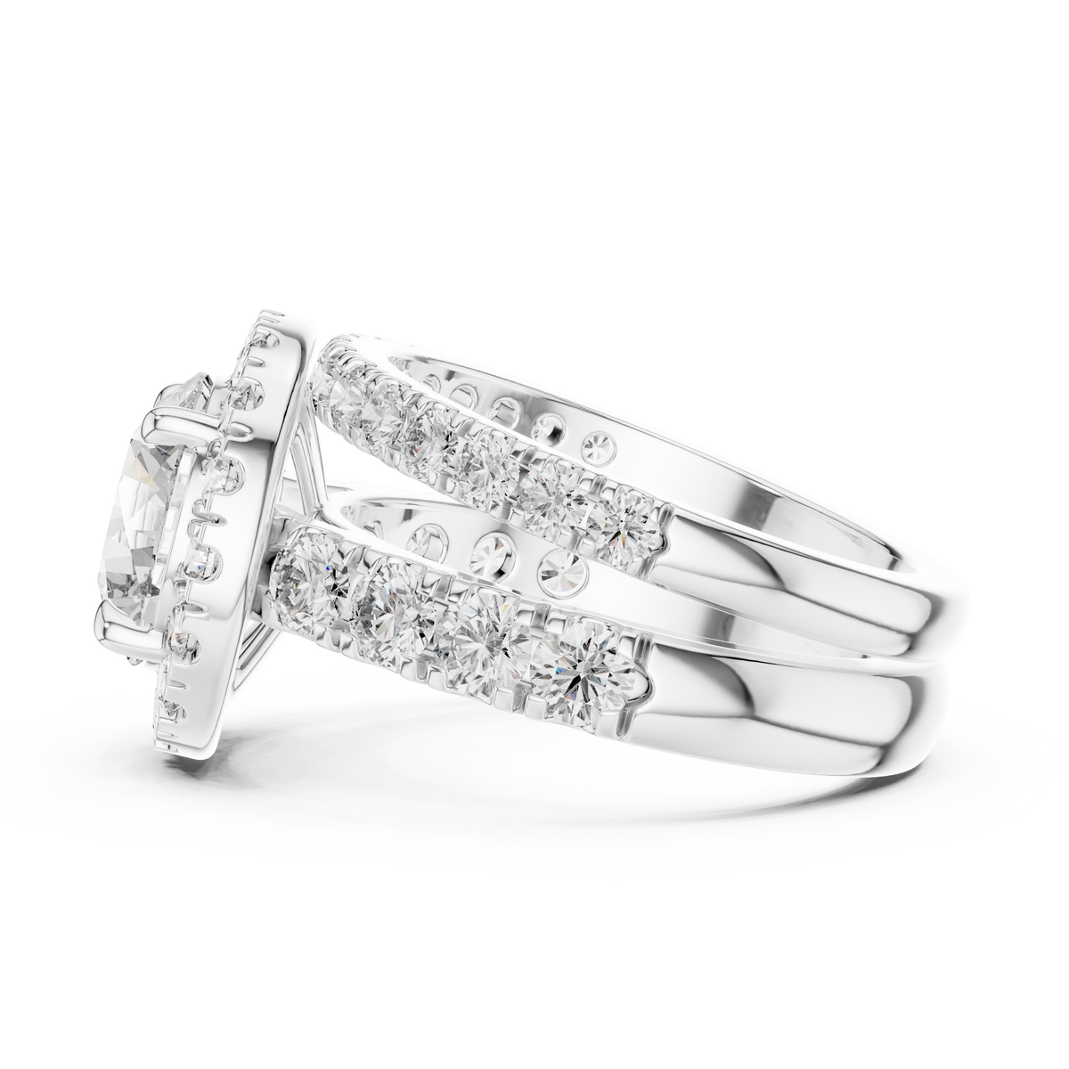 Modern Round Cut Split Eternity Halo Ring White Gold Platinum Flat View