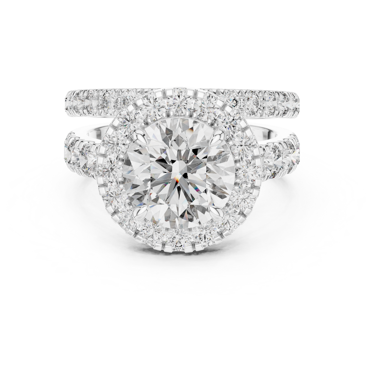 Modern Round Cut Split Eternity Halo Ring White Gold Platinum Perspective View