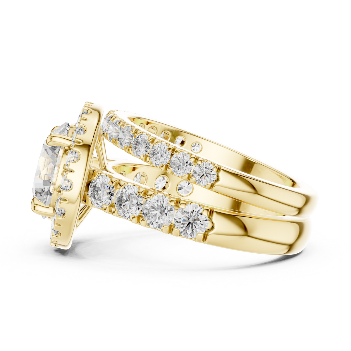 Modern Round Cut Split Eternity Halo Ring Yellow Gold Flat View
