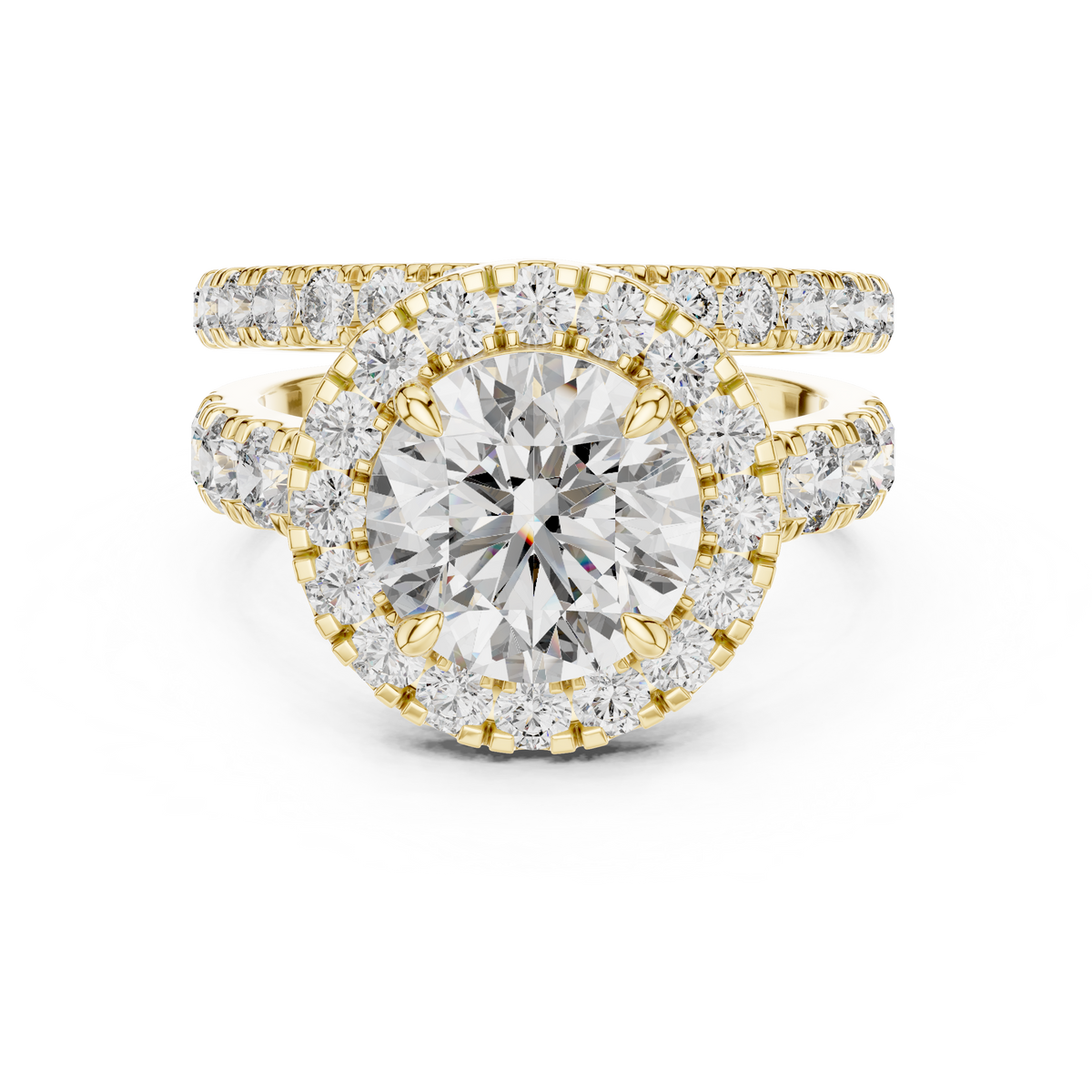 Modern Round Cut Split Eternity Halo Ring Yellow Gold Perspective View