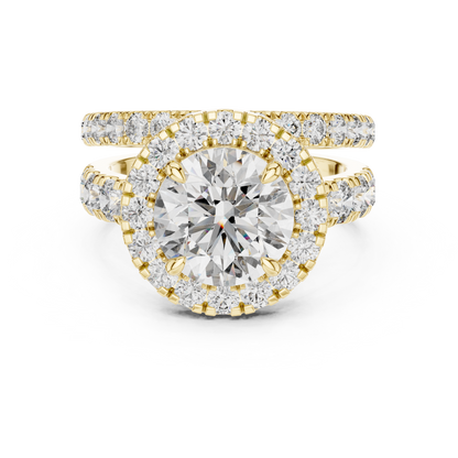 Modern Round Cut Split Eternity Halo Ring Yellow Gold Perspective View