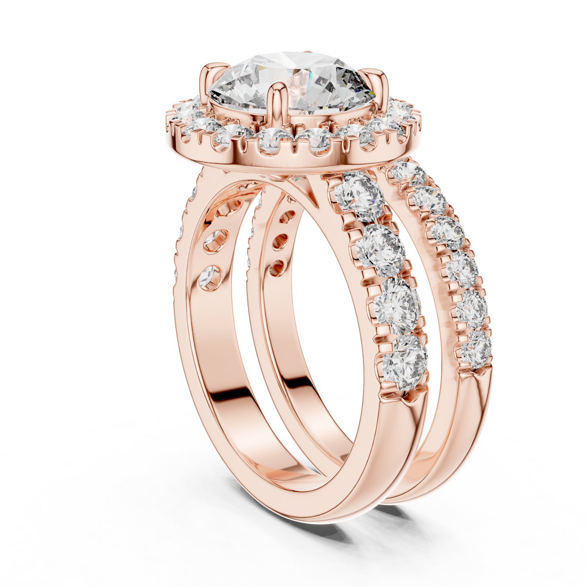 Modern Round Cut Split Eternity Halo Ring Rose Gold Side View