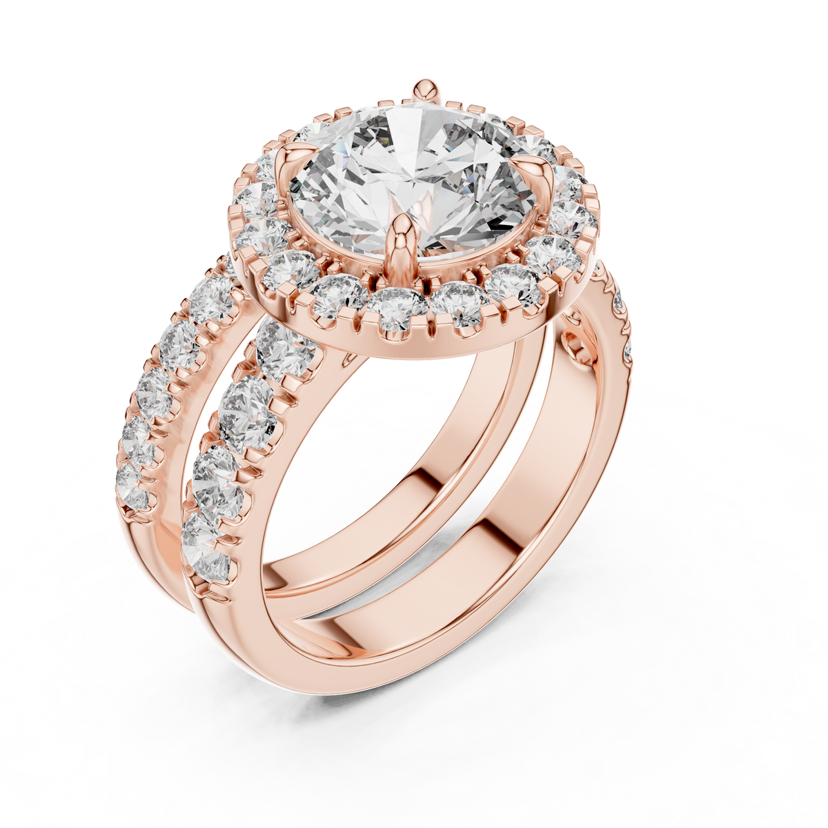 Modern Round Cut Split Eternity Halo Ring Rose Gold Top View