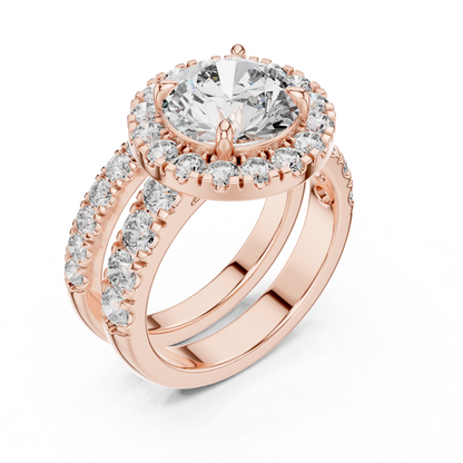 Modern Round Cut Split Eternity Halo Ring Rose Gold Top View