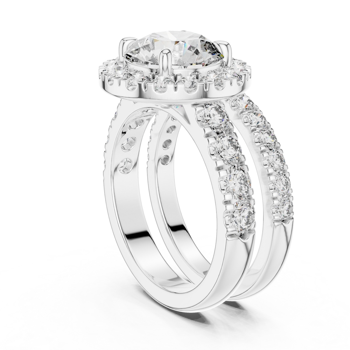 Modern Round Cut Split Eternity Halo Ring White Gold Platinum Side View