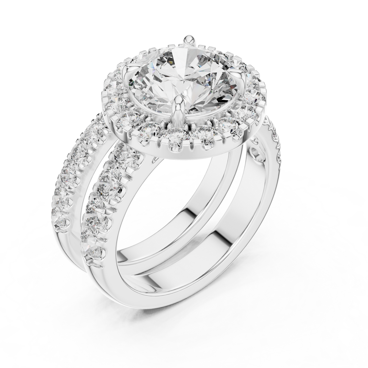 Modern Round Cut Split Eternity Halo Ring White Gold Platinum Top View