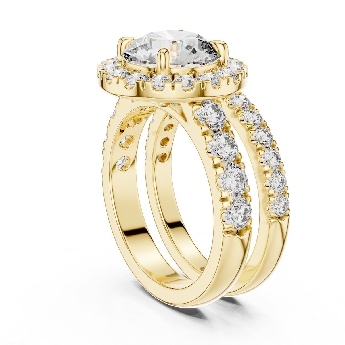 Modern Round Cut Split Eternity Halo Ring Yellow Gold Side View