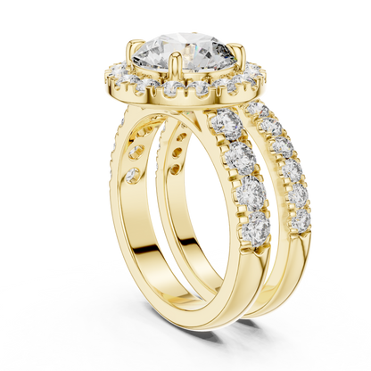 Modern Round Cut Split Eternity Halo Ring Yellow Gold Side View