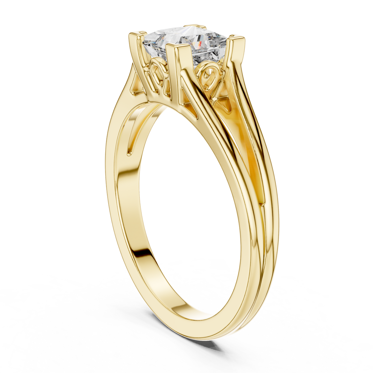 Princess Cut Split Solitaire Ring Yellow Gold Side View