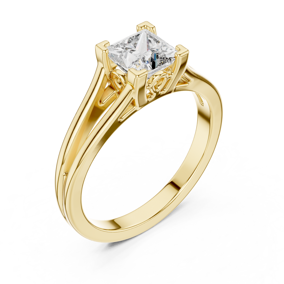 Princess Cut Split Solitaire Ring Yellow Gold Top View