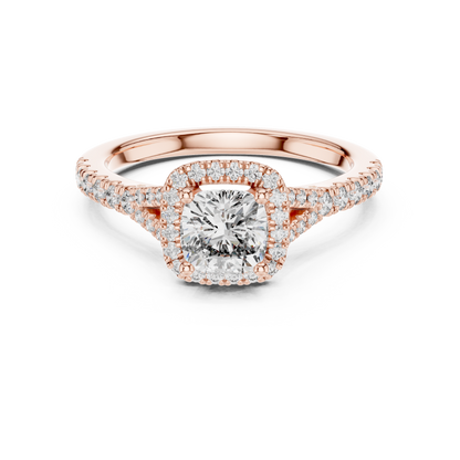 Classic Cushion Cut Split Halo Ring Rose Gold Perspective View