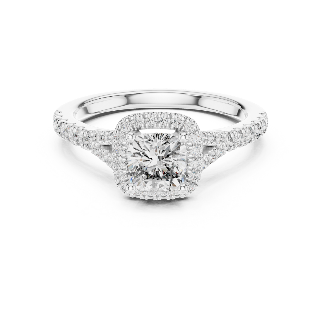 Classic Cushion Cut Split Halo Ring White Gold Platinum Perspective View