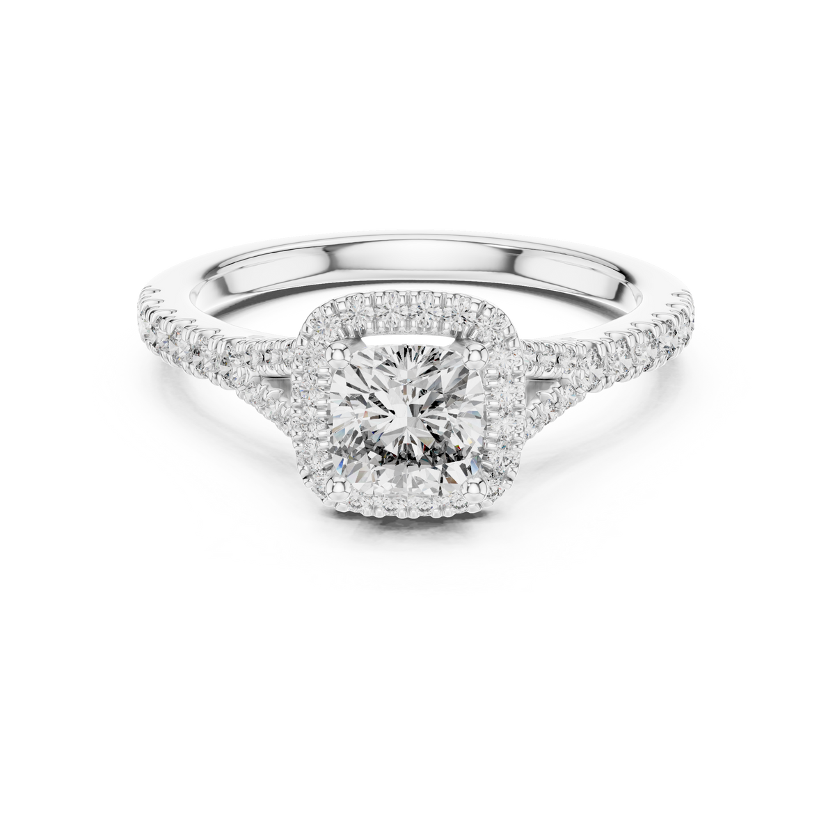 Classic Cushion Cut Split Halo Ring White Gold Platinum Perspective View