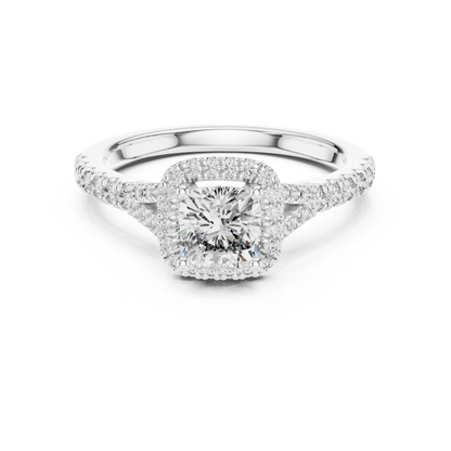 Classic Cushion Cut Split Halo Ring White Gold Platinum Perspective View