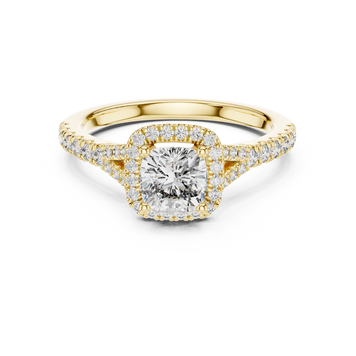 Classic Cushion Cut Split Halo Ring Yellow Gold Perspective View
