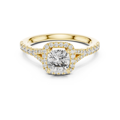 Classic Cushion Cut Split Halo Ring Yellow Gold Perspective View