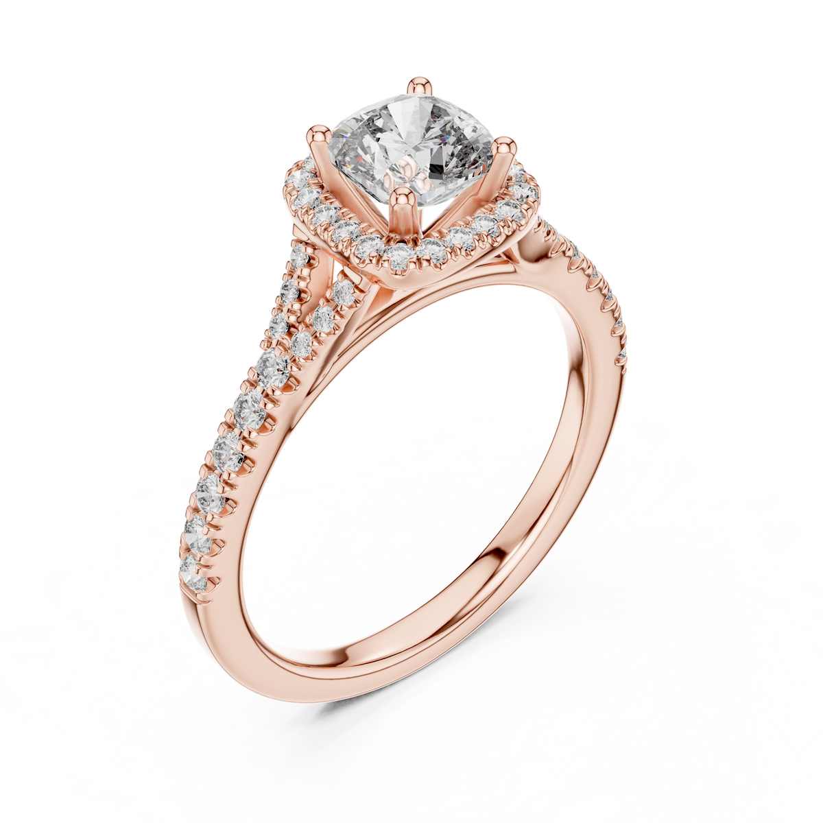 Classic Cushion Cut Split Halo Ring Rose Gold Top View