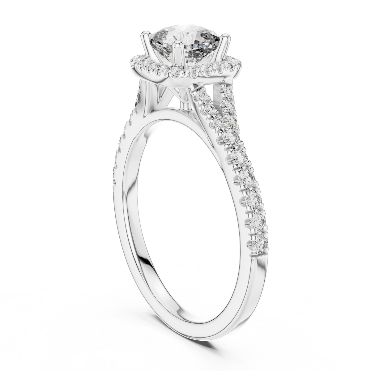 Classic Cushion Cut Split Halo Ring White Gold Platinum Side View