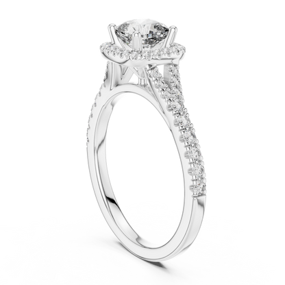 Classic Cushion Cut Split Halo Ring White Gold Platinum Side View