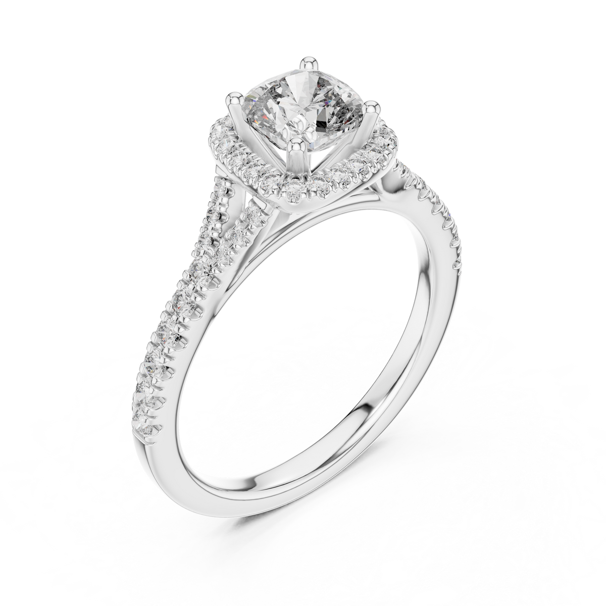 Classic Cushion Cut Split Halo Ring White Gold Platinum Top View
