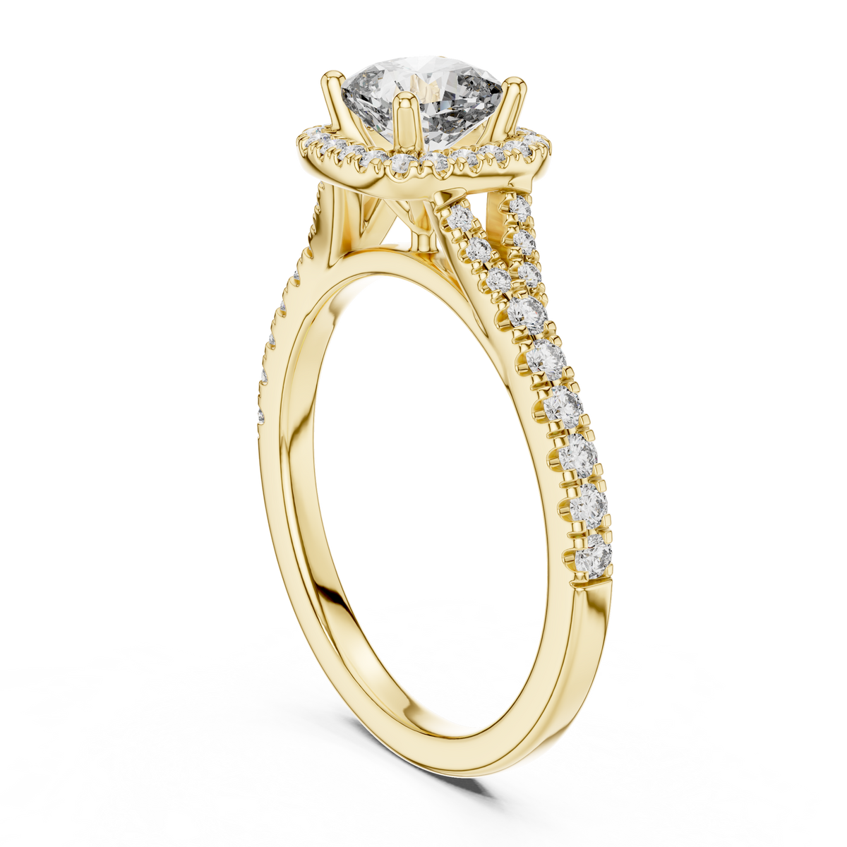 Classic Cushion Cut Split Halo Ring Yellow Gold Side View