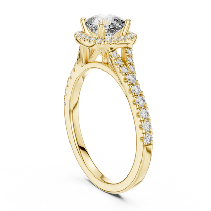 Classic Cushion Cut Split Halo Ring Yellow Gold Side View