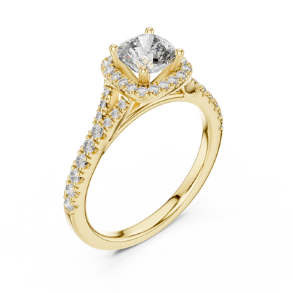 Classic Cushion Cut Split Halo Ring Yellow Gold Top View