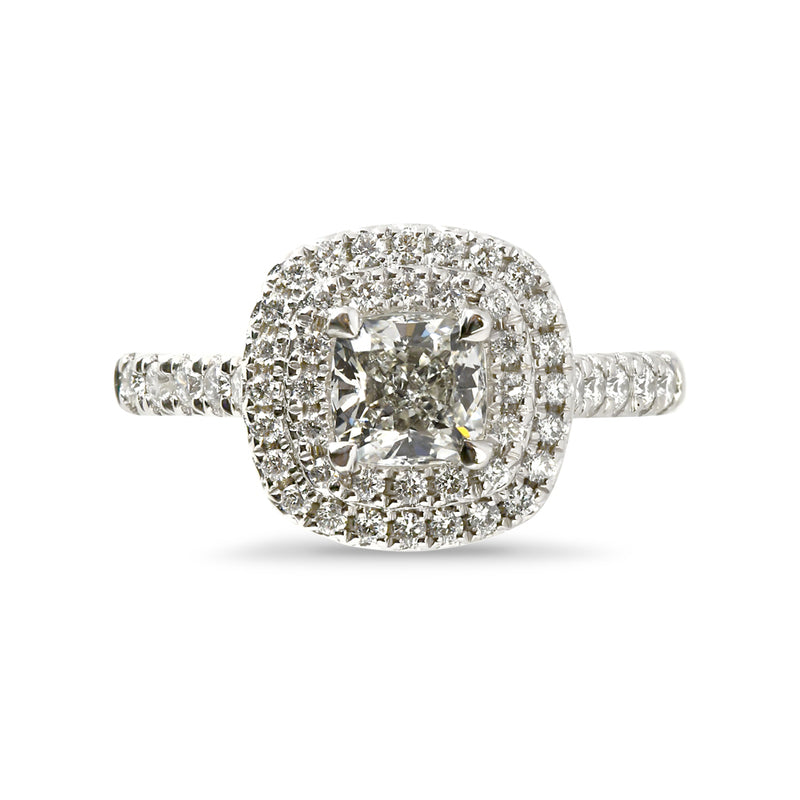 Double Diamond Halo Cushion Cut Engagement Ring 18K White Gold GIA Certificate